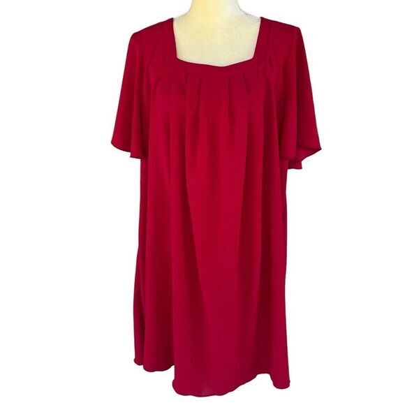 SHEIN CURVE VCAY Plus 1XL Square Neck Plicated Detail Dress Red Brand New - Picture 8 of 16